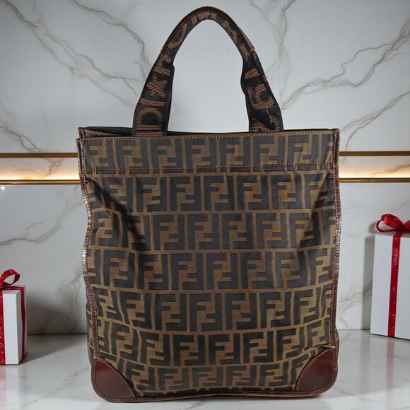 Fendi Handbags - Fendi Vintage Leather Trimmed Zucca Brown Medium Foldable Tote